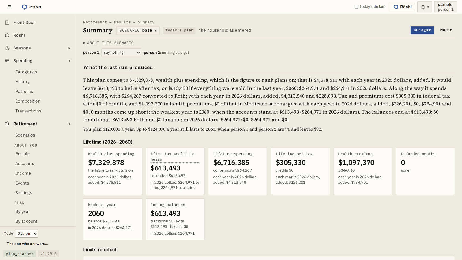Summary: what the plan comes to, in a paragraph; every figure in it explains itself when tapped.